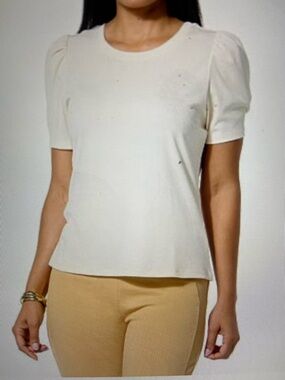 Jaclyn Smith Ivory Short Puff Sleeve Ribbed Knit Tee Shirt Top Size M New
